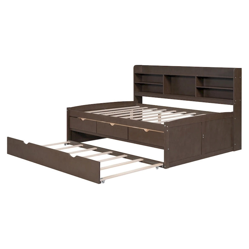 Letto a piattaforma per capitano Full Size con testiera a libreria, 3 cassetti e rotelle — Bianco / Grigio chiaro / Grigio antico