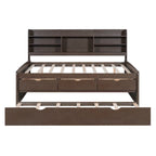 Letto a piattaforma per capitano Full Size con testiera a libreria, 3 cassetti e rotelle — Bianco / Grigio chiaro / Grigio antico