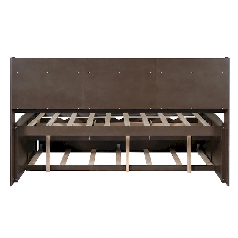 Letto a piattaforma per capitano Full Size con testiera a libreria, 3 cassetti e rotelle — Bianco / Grigio chiaro / Grigio antico