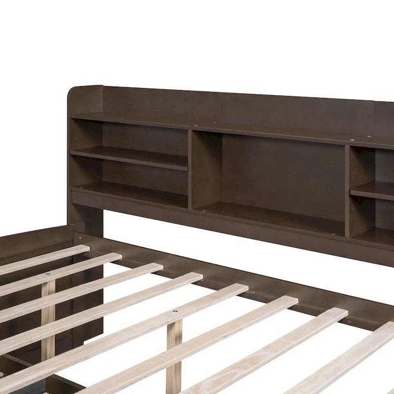 Letto a piattaforma per capitano Full Size con testiera a libreria, 3 cassetti e rotelle — Bianco / Grigio chiaro / Grigio antico