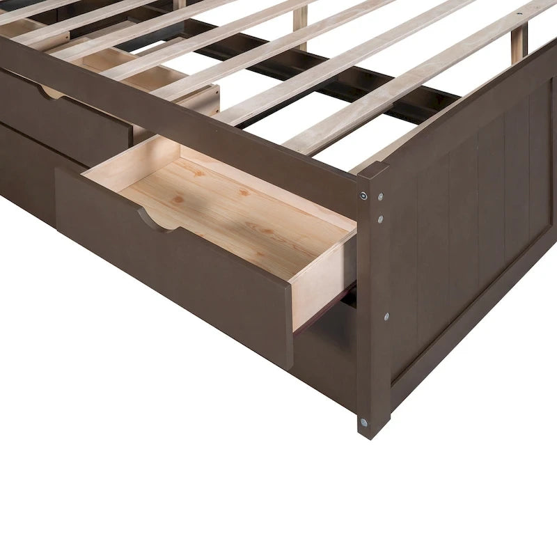 Letto a piattaforma per capitano Full Size con testiera a libreria, 3 cassetti e rotelle — Bianco / Grigio chiaro / Grigio antico