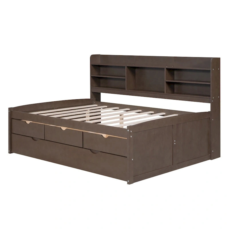 Letto a piattaforma per capitano Full Size con testiera a libreria, 3 cassetti e rotelle — Bianco / Grigio chiaro / Grigio antico
