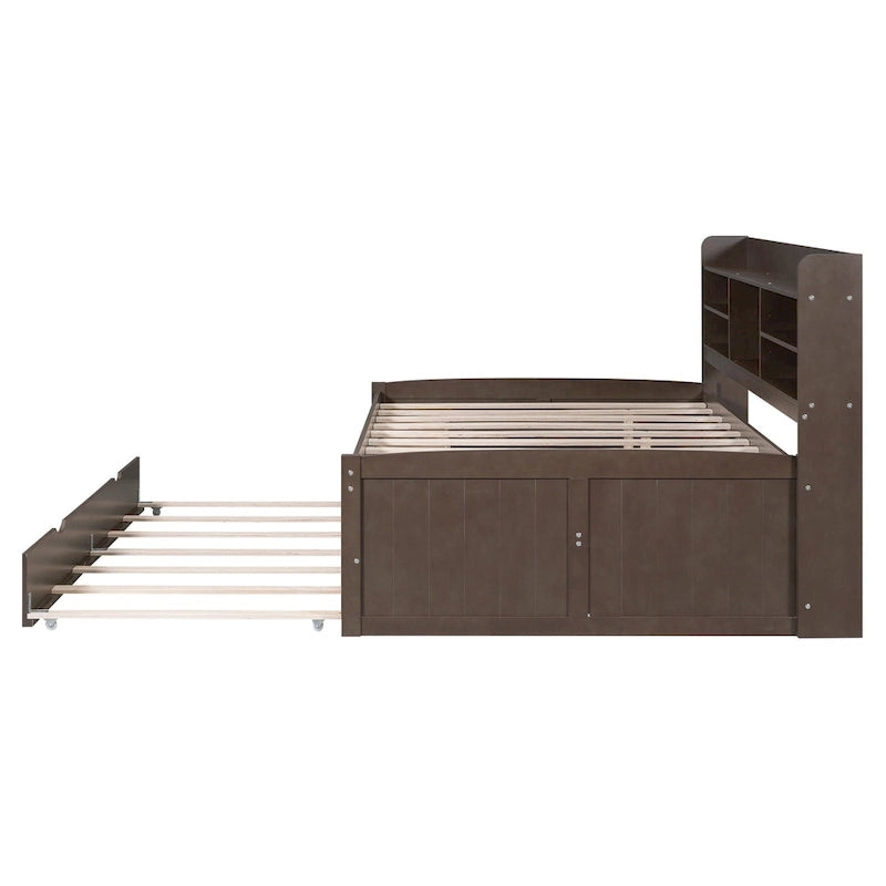 Letto a piattaforma per capitano Full Size con testiera a libreria, 3 cassetti e rotelle — Bianco / Grigio chiaro / Grigio antico