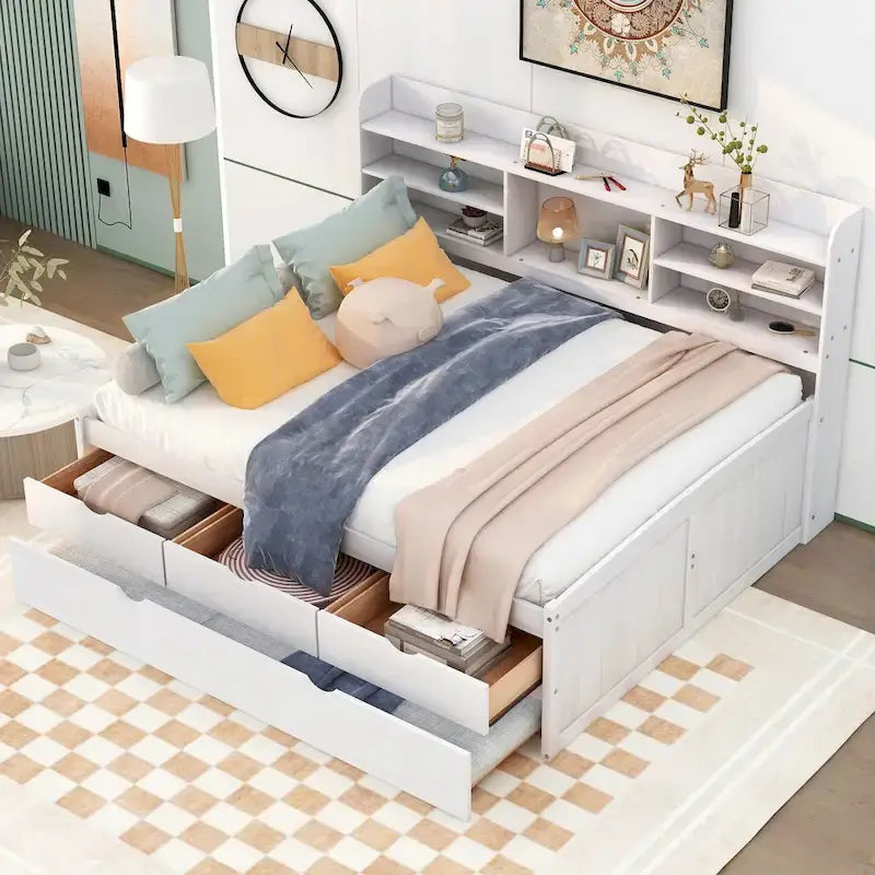 Letto a piattaforma per capitano Full Size con testiera a libreria, 3 cassetti e rotelle — Bianco / Grigio chiaro / Grigio antico