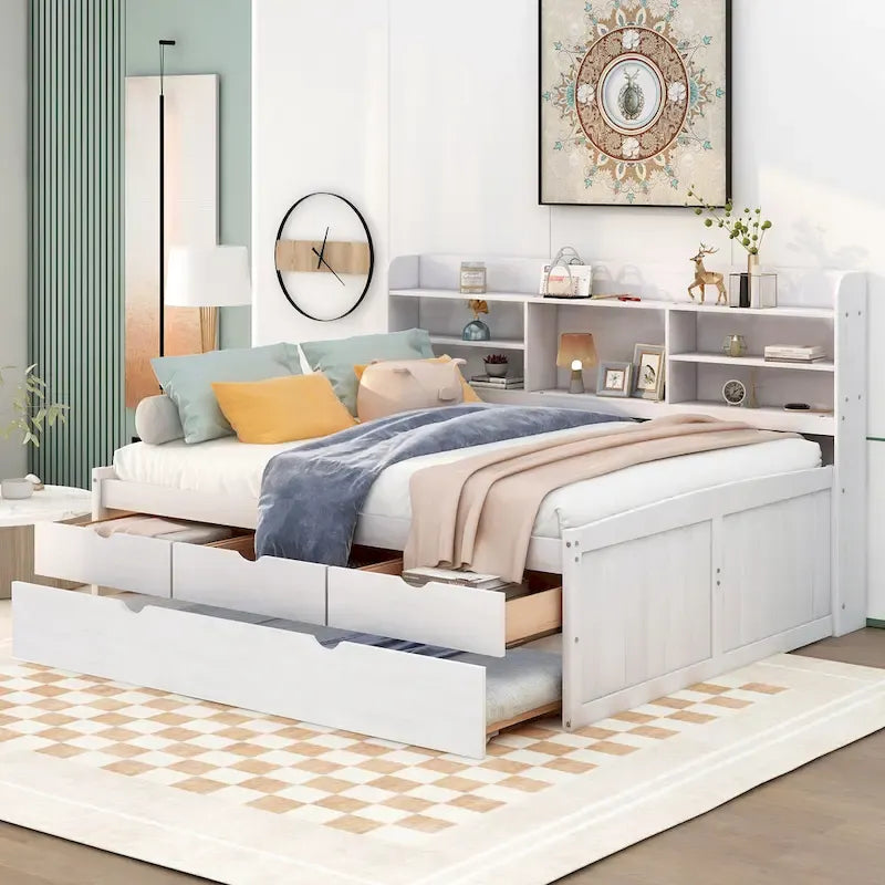 Letto a piattaforma per capitano Full Size con testiera a libreria, 3 cassetti e rotelle — Bianco / Grigio chiaro / Grigio antico