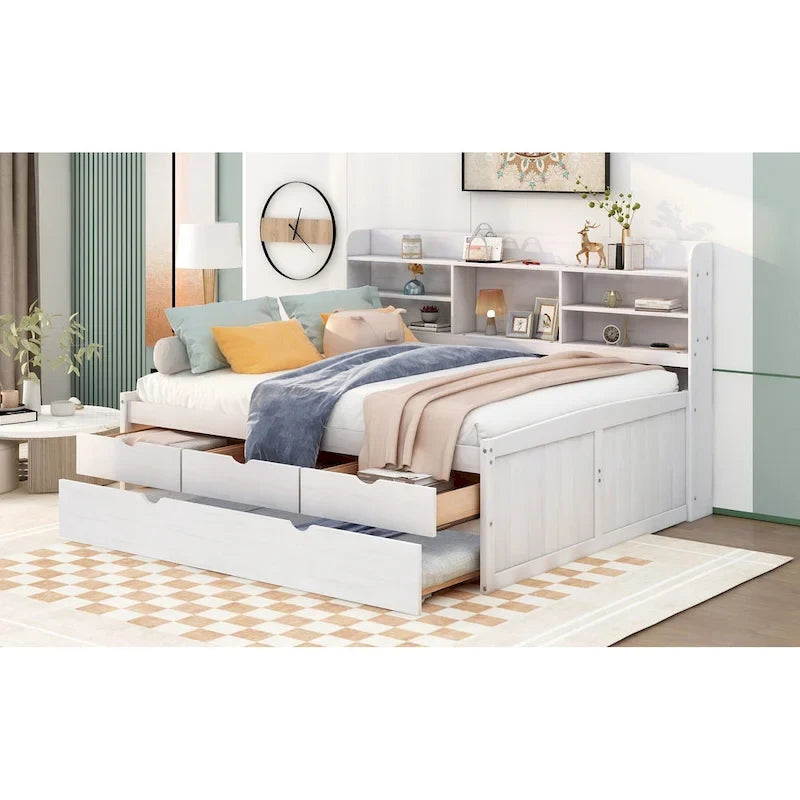 Letto a piattaforma per capitano Full Size con testiera a libreria, 3 cassetti e rotelle — Bianco / Grigio chiaro / Grigio antico