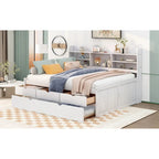 Letto a piattaforma per capitano Full Size con testiera a libreria, 3 cassetti e rotelle — Bianco / Grigio chiaro / Grigio antico