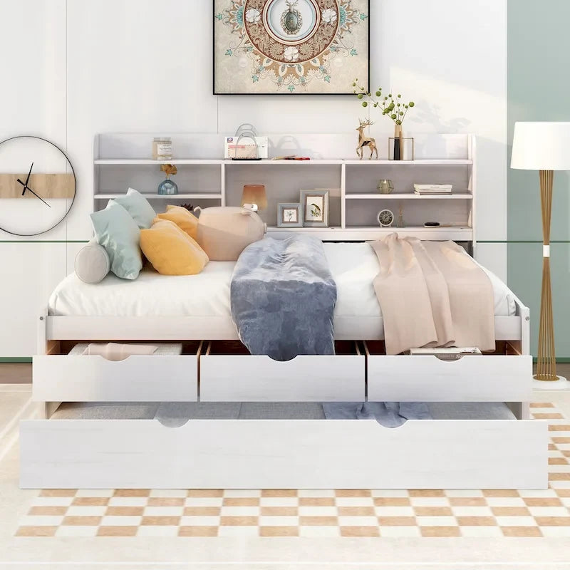 Letto a piattaforma per capitano Full Size con testiera a libreria, 3 cassetti e rotelle — Bianco / Grigio chiaro / Grigio antico