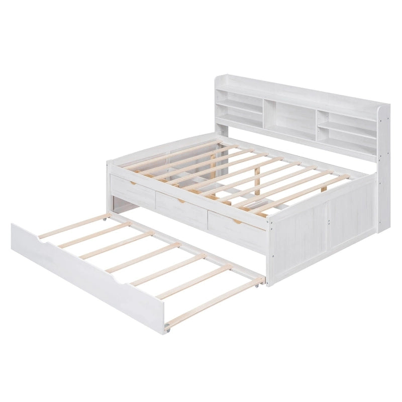 Letto a piattaforma per capitano Full Size con testiera a libreria, 3 cassetti e rotelle — Bianco / Grigio chiaro / Grigio antico