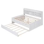 Letto a piattaforma per capitano Full Size con testiera a libreria, 3 cassetti e rotelle — Bianco / Grigio chiaro / Grigio antico