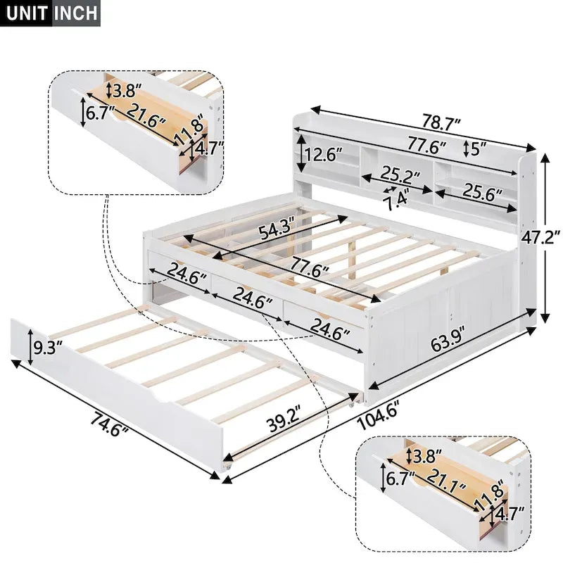 Letto a piattaforma per capitano Full Size con testiera a libreria, 3 cassetti e rotelle — Bianco / Grigio chiaro / Grigio antico