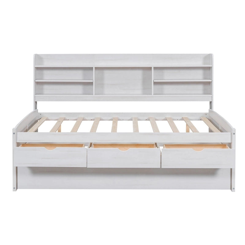 Letto a piattaforma per capitano Full Size con testiera a libreria, 3 cassetti e rotelle — Bianco / Grigio chiaro / Grigio antico