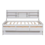 Letto a piattaforma per capitano Full Size con testiera a libreria, 3 cassetti e rotelle — Bianco / Grigio chiaro / Grigio antico