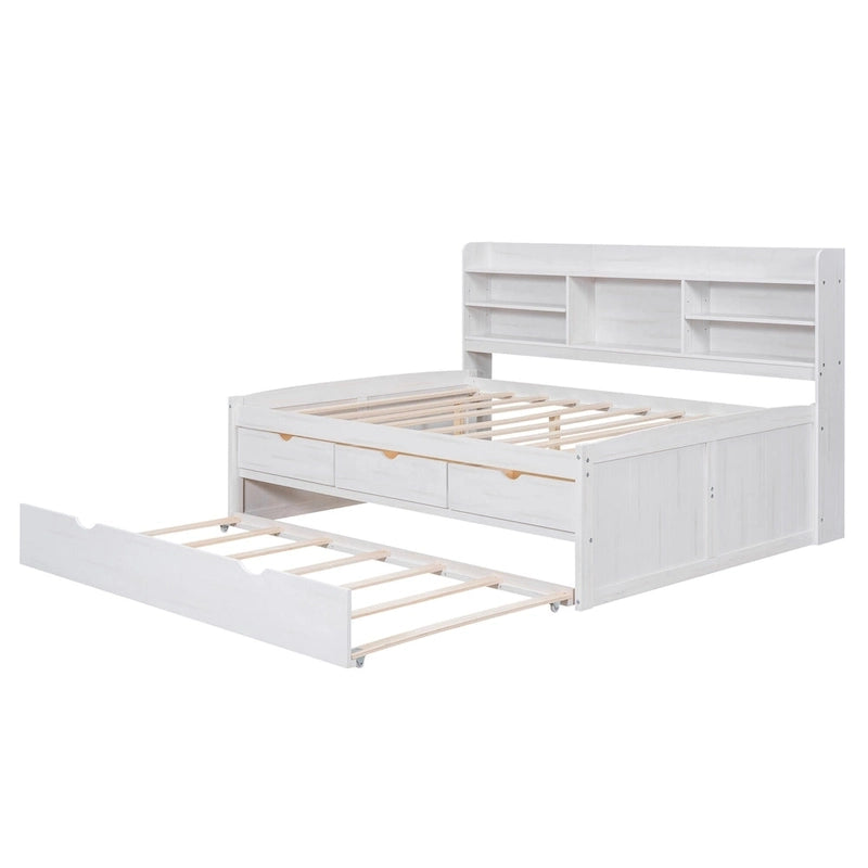 Letto a piattaforma per capitano Full Size con testiera a libreria, 3 cassetti e rotelle — Bianco / Grigio chiaro / Grigio antico