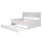 Letto a piattaforma per capitano Full Size con testiera a libreria, 3 cassetti e rotelle — Bianco / Grigio chiaro / Grigio antico