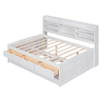 Letto a piattaforma per capitano Full Size con testiera a libreria, 3 cassetti e rotelle — Bianco / Grigio chiaro / Grigio antico