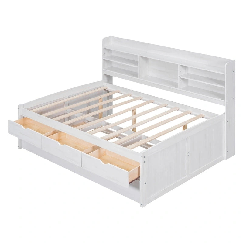 Letto a piattaforma per capitano Full Size con testiera a libreria, 3 cassetti e rotelle — Bianco / Grigio chiaro / Grigio antico