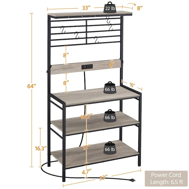 Scaffale da Forno Industriale a 4 Ripiani Grigio con Supporto per Microonde e Prese di Corrente