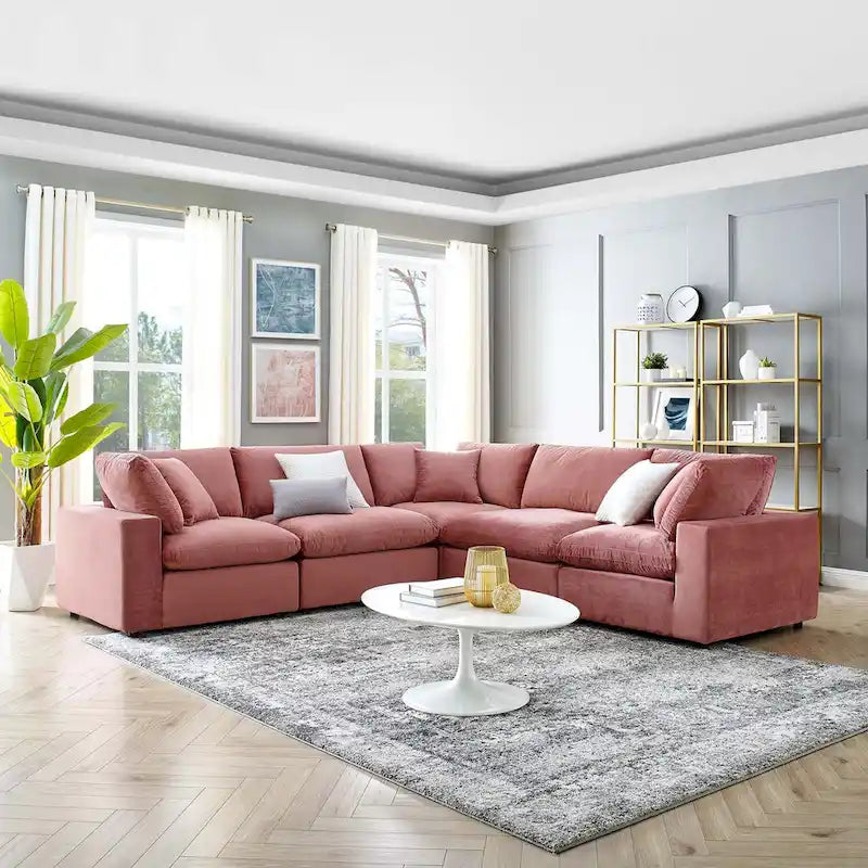 Divano componibile in velluto a 5 posti – Verde / Blu scuro / Bianco / Grigio chiaro / Rosa antico / Grigio / Cognac