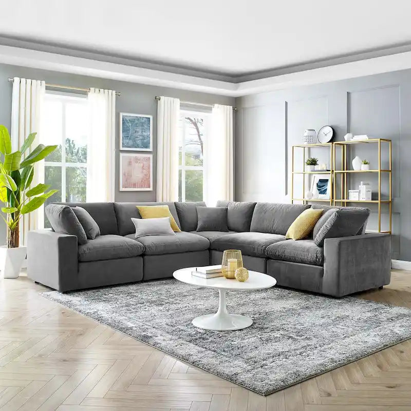 Divano componibile in velluto a 5 posti – Verde / Blu scuro / Bianco / Grigio chiaro / Rosa antico / Grigio / Cognac
