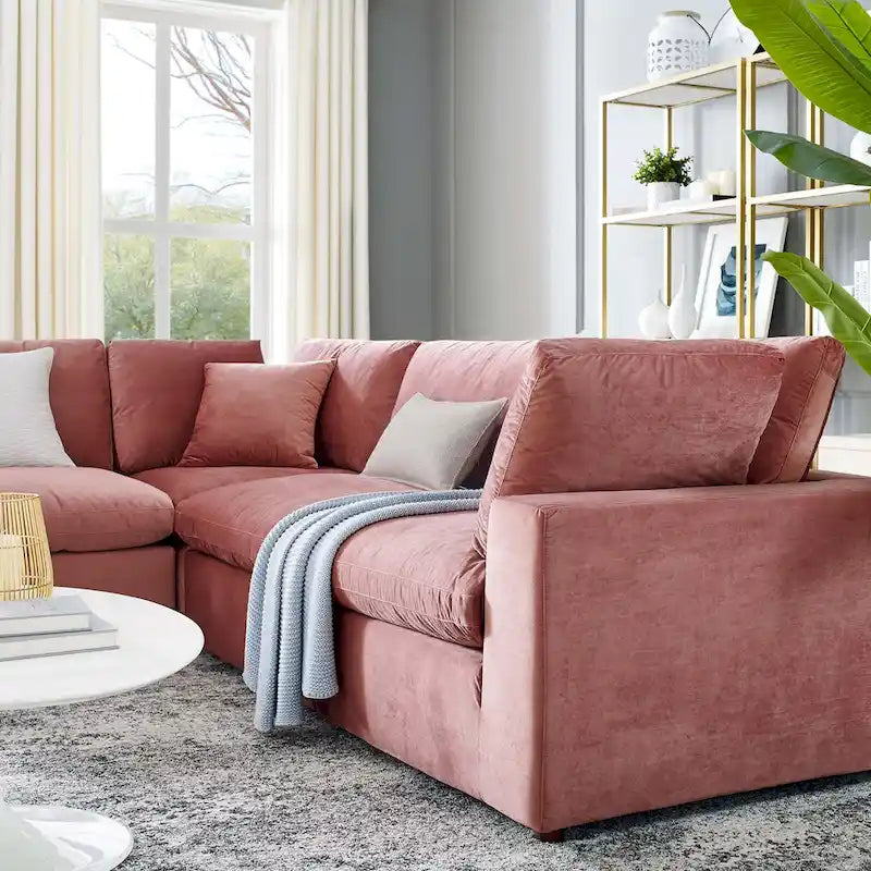 Divano componibile in velluto a 5 posti – Verde / Blu scuro / Bianco / Grigio chiaro / Rosa antico / Grigio / Cognac