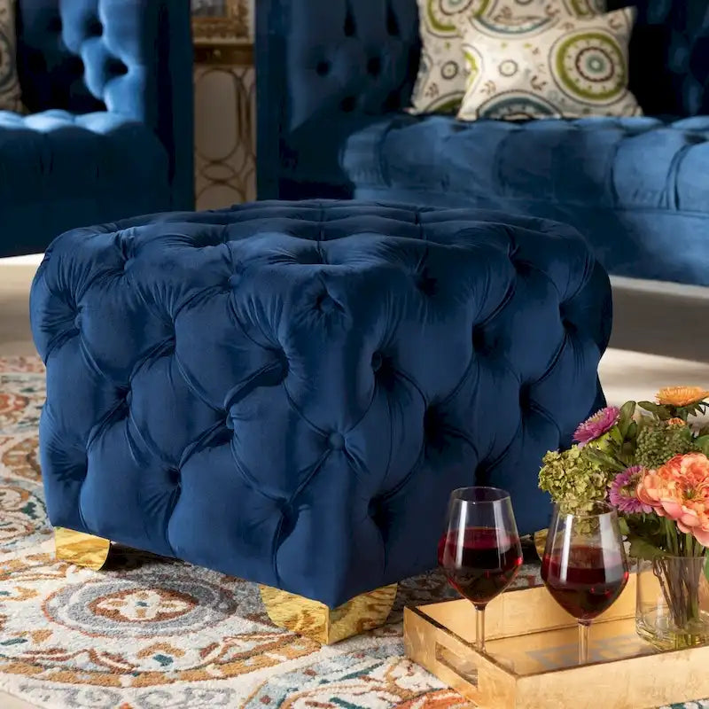 Pouf capitonné in velluto, seduta singola – Bordeaux / Rosa / Beige / Blu / Grigio