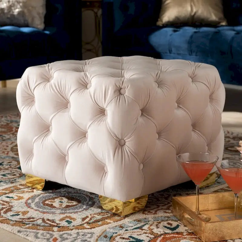 Pouf capitonné in velluto, seduta singola – Bordeaux / Rosa / Beige / Blu / Grigio