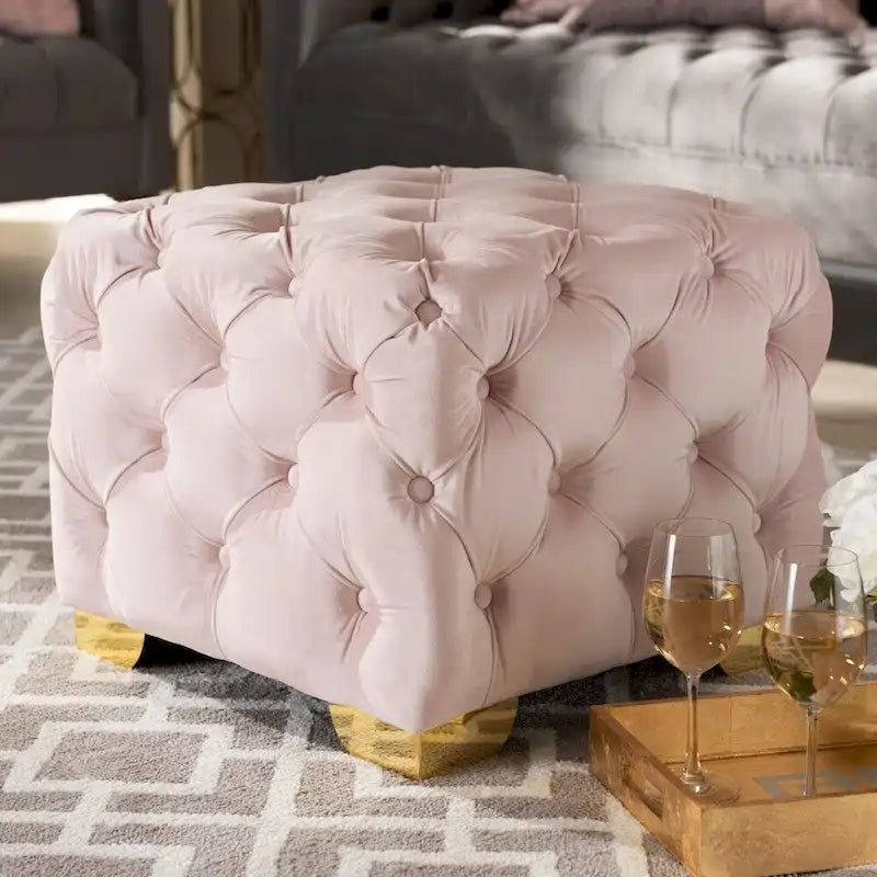Pouf capitonné in velluto, seduta singola – Bordeaux / Rosa / Beige / Blu / Grigio