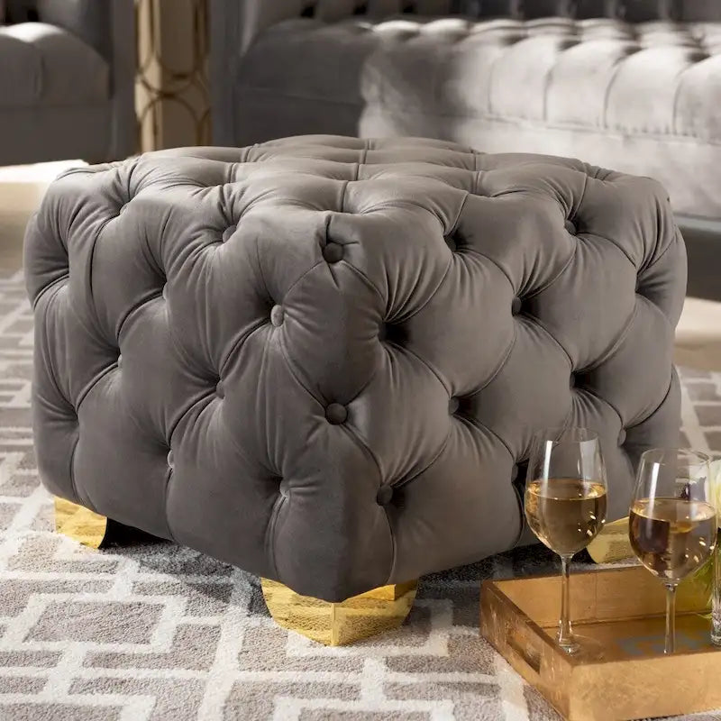 Pouf capitonné in velluto, seduta singola – Bordeaux / Rosa / Beige / Blu / Grigio
