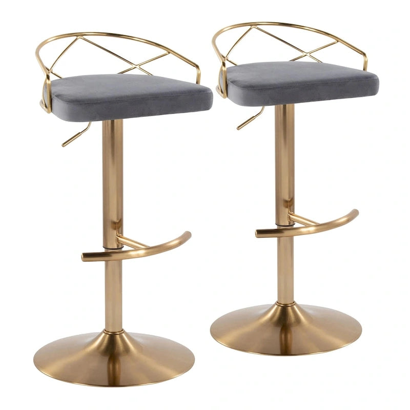 Sgabelli da Bar Regolabili Girevoli, Velluto/Ecopelle, Base Oro/Cromo, Set da 2