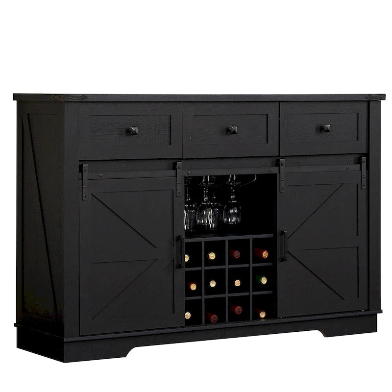Credenza Buffet Stile Rustico, Nero/Bianco, Porta Scorrevole a Granaio, 3 Cassetti, Portabottiglie e Portacalici, Uso per 1-2 Persone