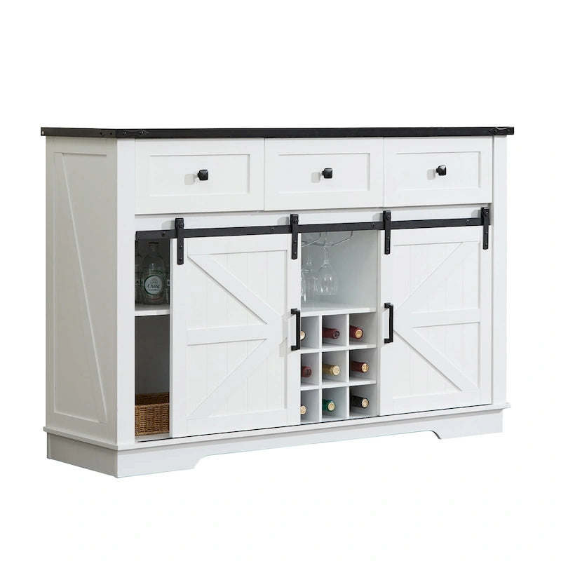 Credenza Buffet Stile Rustico, Nero/Bianco, Porta Scorrevole a Granaio, 3 Cassetti, Portabottiglie e Portacalici, Uso per 1-2 Persone