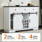 Credenza Buffet Stile Rustico, Nero/Bianco, Porta Scorrevole a Granaio, 3 Cassetti, Portabottiglie e Portacalici, Uso per 1-2 Persone