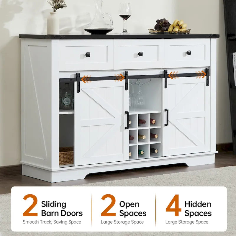 Credenza Buffet Stile Rustico, Nero/Bianco, Porta Scorrevole a Granaio, 3 Cassetti, Portabottiglie e Portacalici, Uso per 1-2 Persone
