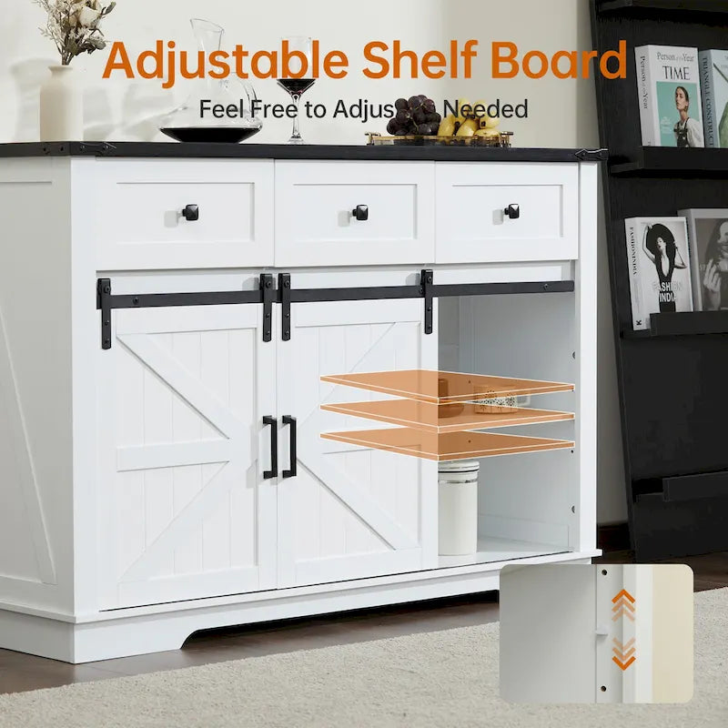 Credenza Buffet Stile Rustico, Nero/Bianco, Porta Scorrevole a Granaio, 3 Cassetti, Portabottiglie e Portacalici, Uso per 1-2 Persone