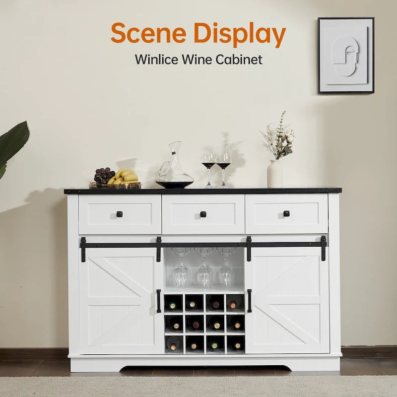 Credenza Buffet Stile Rustico, Nero/Bianco, Porta Scorrevole a Granaio, 3 Cassetti, Portabottiglie e Portacalici, Uso per 1-2 Persone
