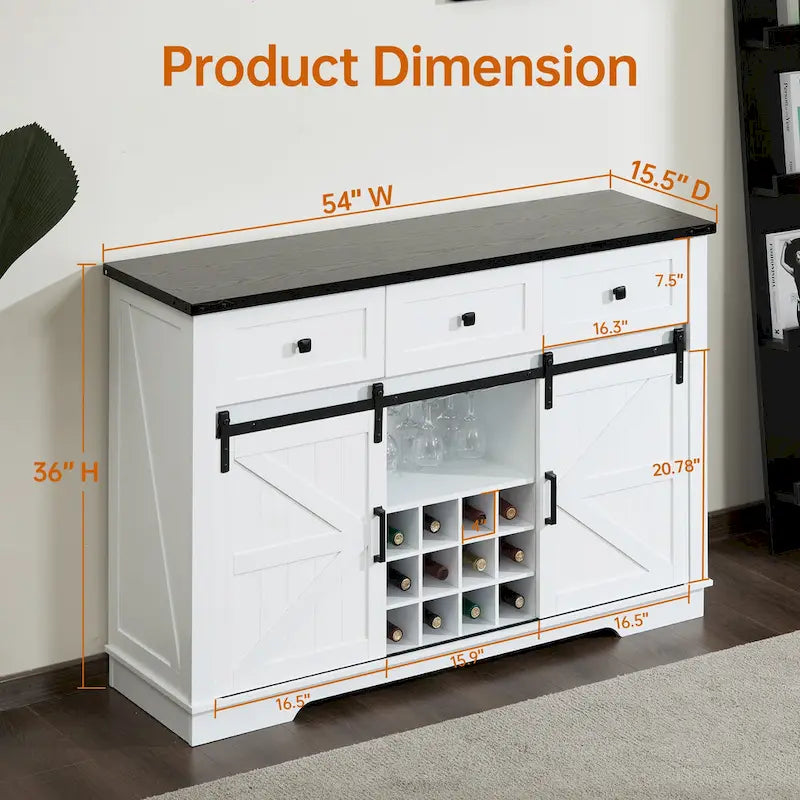 Credenza Buffet Stile Rustico, Nero/Bianco, Porta Scorrevole a Granaio, 3 Cassetti, Portabottiglie e Portacalici, Uso per 1-2 Persone