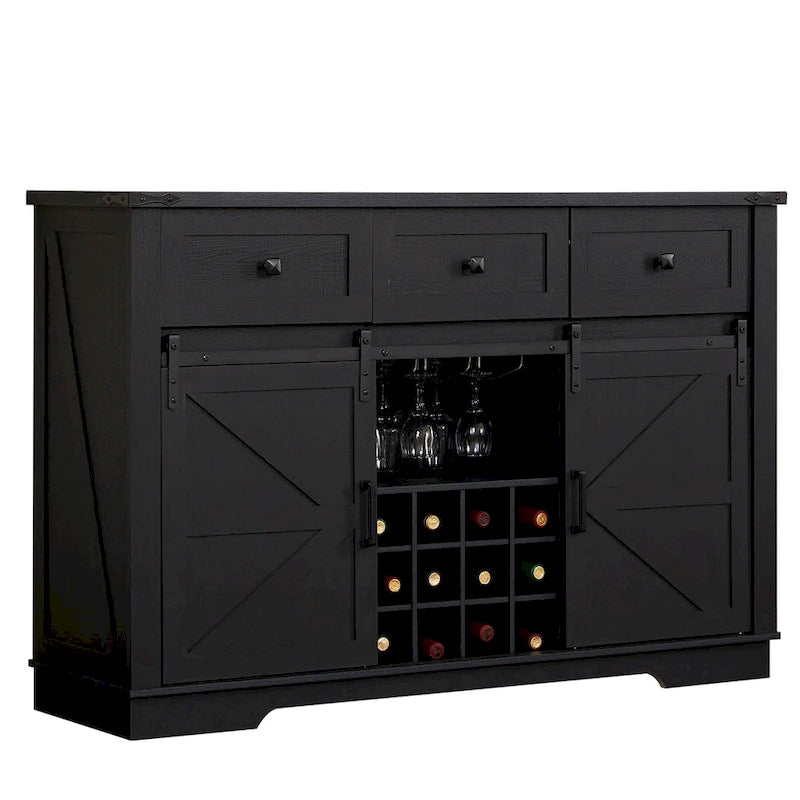 Credenza Buffet Stile Rustico, Nero/Bianco, Porta Scorrevole a Granaio, 3 Cassetti, Portabottiglie e Portacalici, Uso per 1-2 Persone