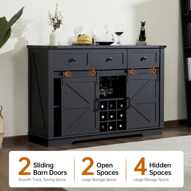 Credenza Buffet Stile Rustico, Nero/Bianco, Porta Scorrevole a Granaio, 3 Cassetti, Portabottiglie e Portacalici, Uso per 1-2 Persone