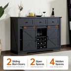 Credenza Buffet Stile Rustico, Nero/Bianco, Porta Scorrevole a Granaio, 3 Cassetti, Portabottiglie e Portacalici, Uso per 1-2 Persone