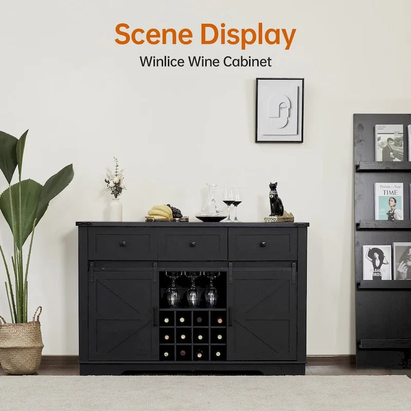 Credenza Buffet Stile Rustico, Nero/Bianco, Porta Scorrevole a Granaio, 3 Cassetti, Portabottiglie e Portacalici, Uso per 1-2 Persone