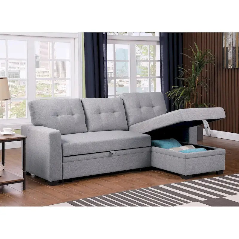 Divano componibile con chaise longue, letto estraibile, contenitore, in grigio chiaro/grigio/verde/beige/blu — 3+ posti a sedere