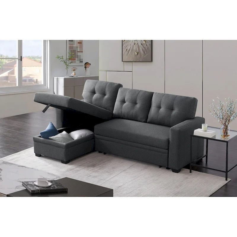 Divano componibile con chaise longue, letto estraibile, contenitore, in grigio chiaro/grigio/verde/beige/blu — 3+ posti a sedere