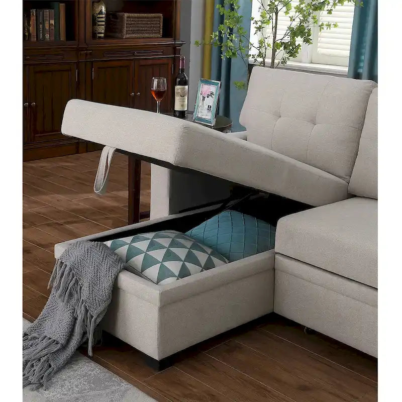 Divano componibile con chaise longue, letto estraibile, contenitore, in grigio chiaro/grigio/verde/beige/blu — 3+ posti a sedere