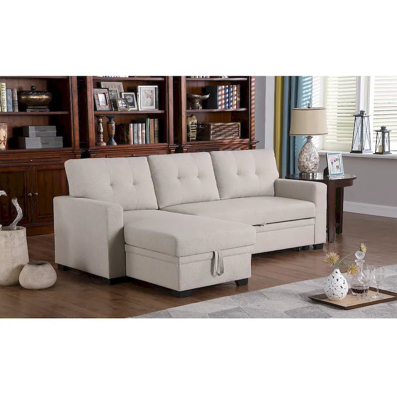 Divano componibile con chaise longue, letto estraibile, contenitore, in grigio chiaro/grigio/verde/beige/blu — 3+ posti a sedere
