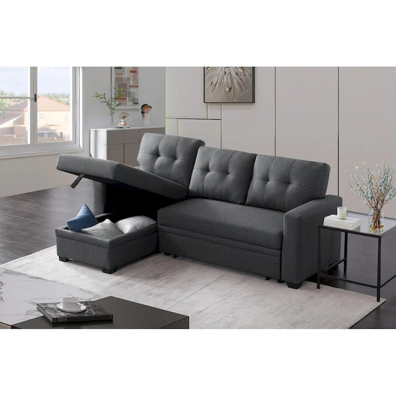 Divano componibile con chaise longue, letto estraibile, contenitore, in grigio chiaro/grigio/verde/beige/blu — 3+ posti a sedere