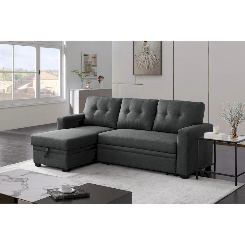 Divano componibile con chaise longue, letto estraibile, contenitore, in grigio chiaro/grigio/verde/beige/blu — 3+ posti a sedere