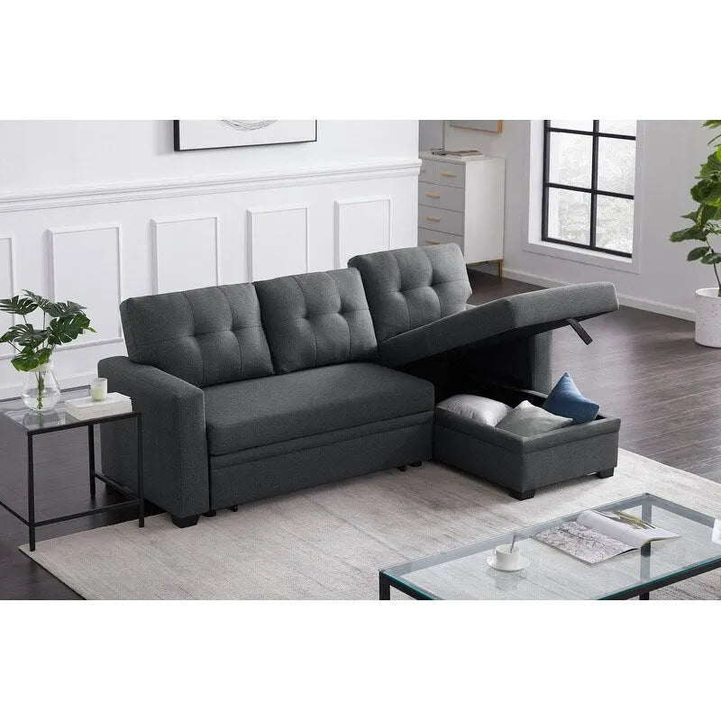 Divano componibile con chaise longue, letto estraibile, contenitore, in grigio chiaro/grigio/verde/beige/blu — 3+ posti a sedere