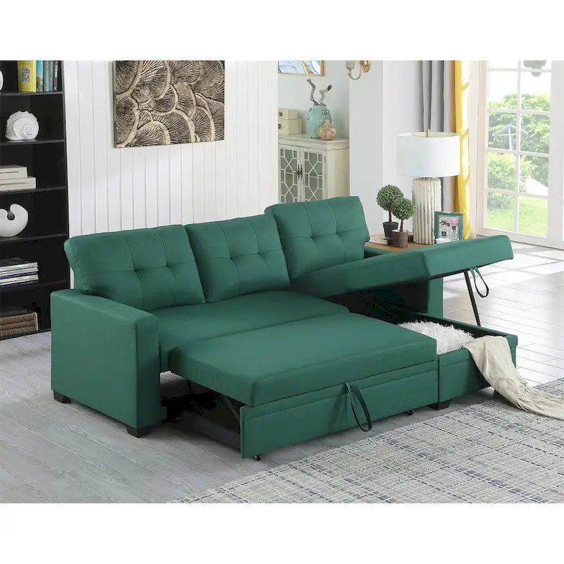 Divano componibile con chaise longue, letto estraibile, contenitore, in grigio chiaro/grigio/verde/beige/blu — 3+ posti a sedere