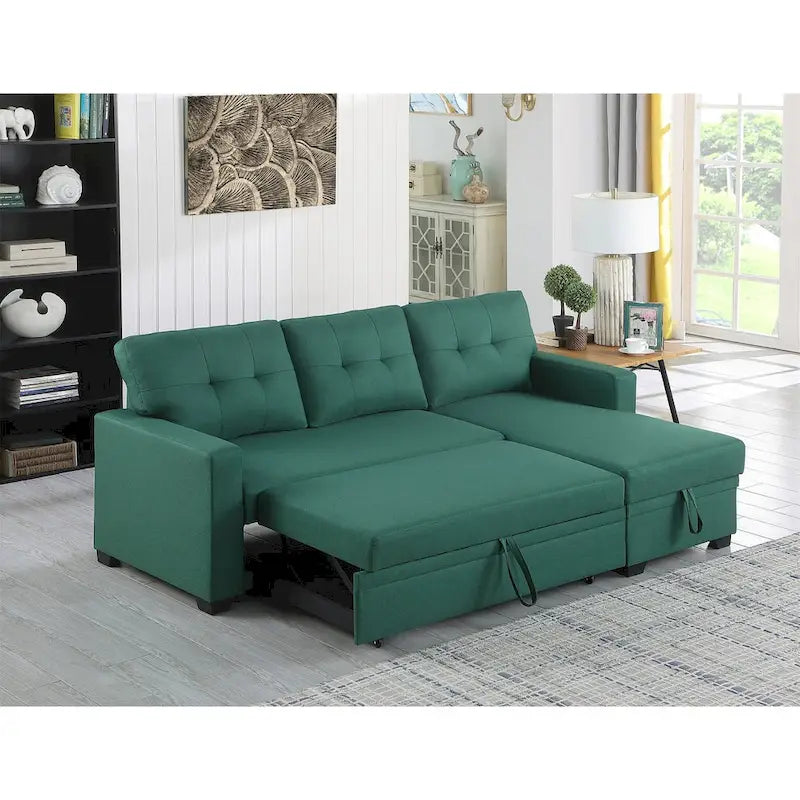 Divano componibile con chaise longue, letto estraibile, contenitore, in grigio chiaro/grigio/verde/beige/blu — 3+ posti a sedere